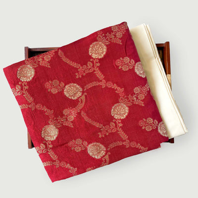 Cloth of Gold Kurta Set Kurta Set Men's Royal Red Floral Vines Cloth of Gold | Woven Pure Russian Silk Kurta Fabric (3 Meters) | and Cotton Pyjama (2.5 Meters) | Unstitched Combo Set