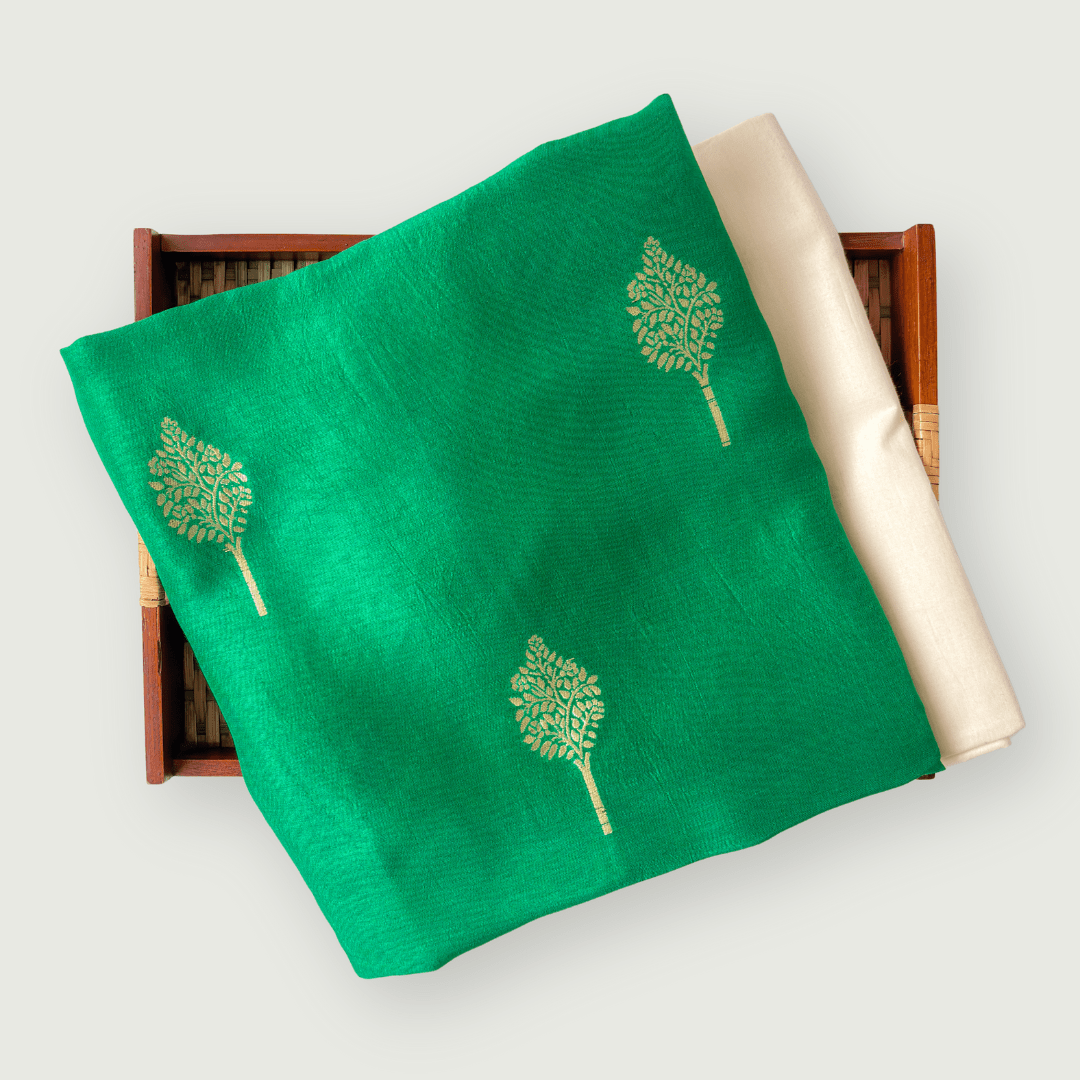 Cloth of Gold Kurta Set Kurta Set Unisex Emerald Green Golden Tree Cloth of Gold | Woven Pure Russian Silk Kurta Fabric (3.2 Meters) | and Cotton Pyjama (2.5 Meters) | Unstitched Combo Set