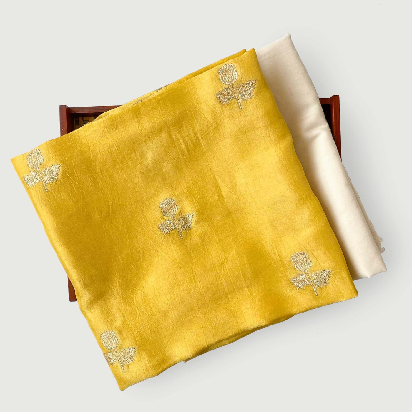 Cloth of Gold Kurta Set Kurta Set Unisex Golden Yellow Vintage Rose Cloth Of Gold | Woven Pure Russian Silk Kurta Fabric (3.2 Meters) | And Cotton Pyjama (2.5 Meters) | Unstitched Combo Set