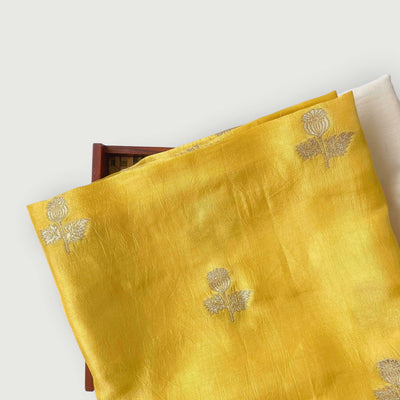 Cloth of Gold Kurta Set Kurta Set Unisex Golden Yellow Vintage Rose Cloth Of Gold | Woven Pure Russian Silk Kurta Fabric (3.2 Meters) | And Cotton Pyjama (2.5 Meters) | Unstitched Combo Set
