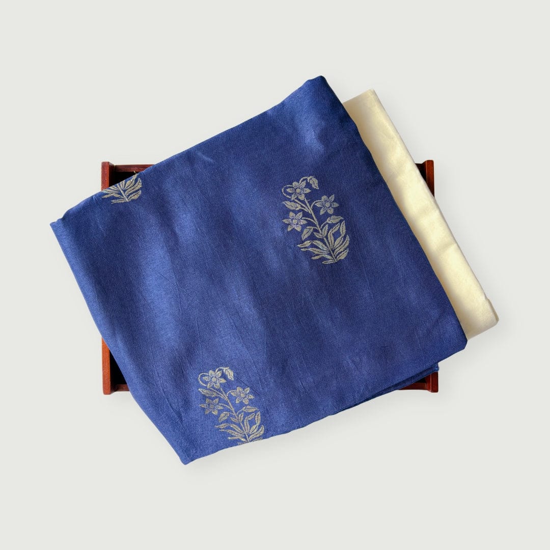 Cloth of Gold Kurta Set Kurta Set Unisex Indigo Blue Bunch of Daisies Cloth of Gold | Woven Pure Russian Silk Kurta Fabric (3.2 Meters) | and Cotton Pyjama (2.5 Meters) | Unstitched Combo Set