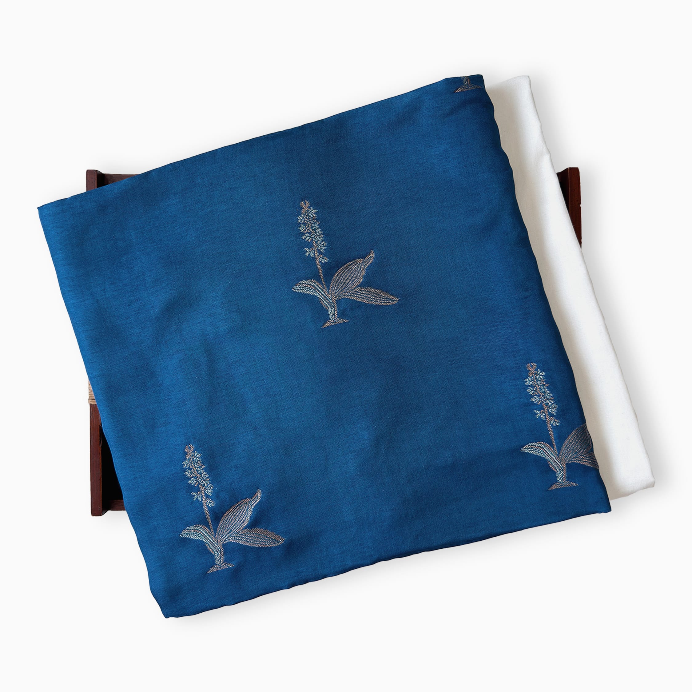 Cloth of Gold Kurta Set Kurta Set Unisex Indigo Blue Hibiscus Flower Cloth of Gold | Woven Pure Russian Silk Kurta Fabric (3.2 Meters) | and Cotton Pyjama (2.5 Meters) | Unstitched Combo Set