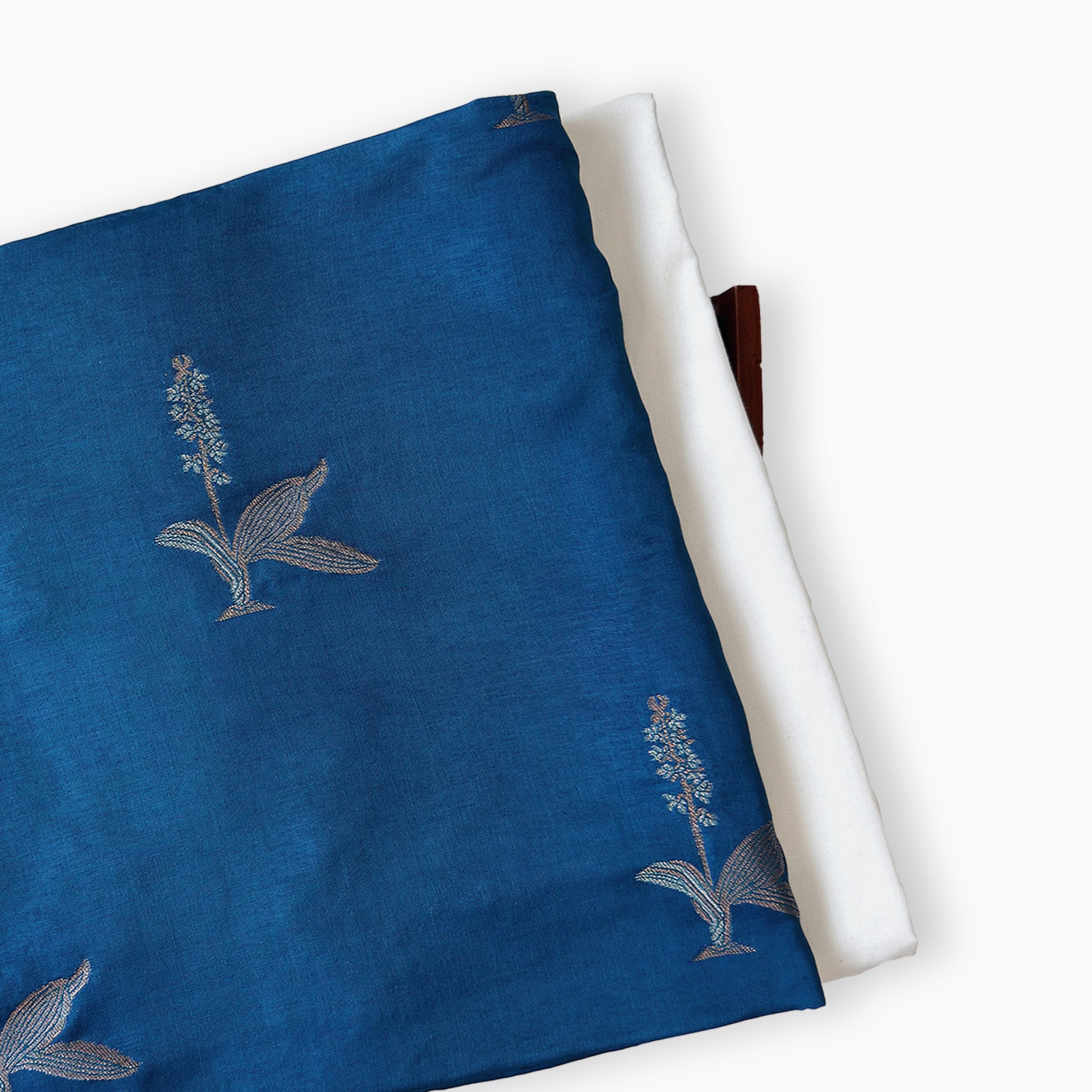 Cloth of Gold Kurta Set Kurta Set Unisex Indigo Blue Hibiscus Flower Cloth of Gold | Woven Pure Russian Silk Kurta Fabric (3.2 Meters) | and Cotton Pyjama (2.5 Meters) | Unstitched Combo Set