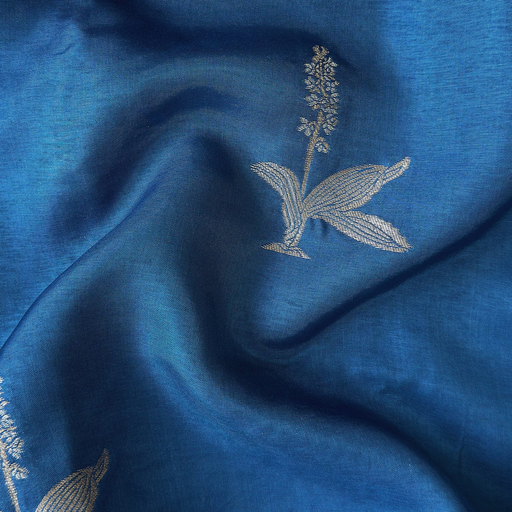 Cloth of Gold Kurta Set Kurta Set Unisex Indigo Blue Hibiscus Flower Cloth of Gold | Woven Pure Russian Silk Kurta Fabric (3.2 Meters) | and Cotton Pyjama (2.5 Meters) | Unstitched Combo Set