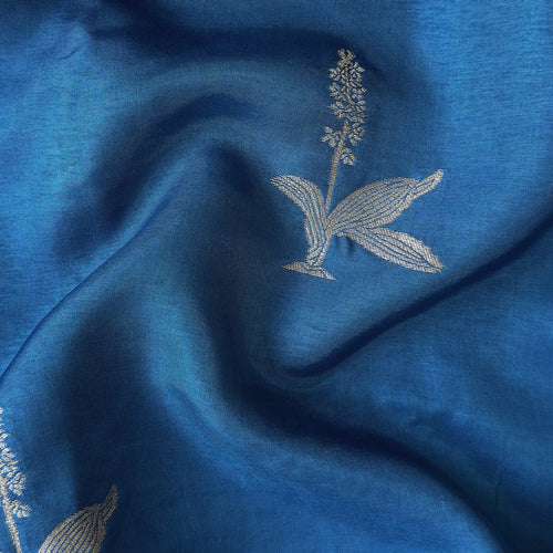 Cloth of Gold Kurta Set Kurta Set Unisex Indigo Blue Hibiscus Flower Cloth of Gold | Woven Pure Russian Silk Kurta Fabric (3.2 Meters) | and Cotton Pyjama (2.5 Meters) | Unstitched Combo Set