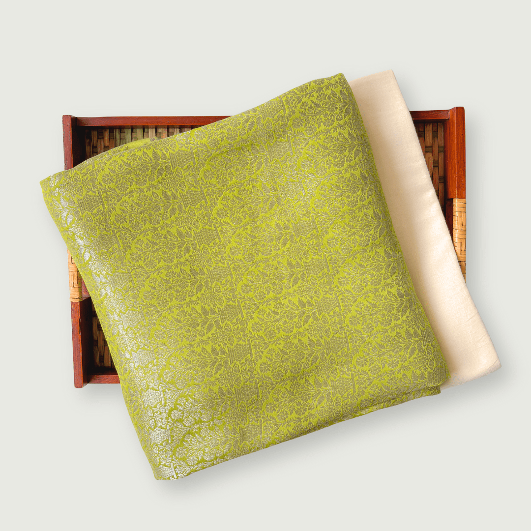 Cloth of Gold Kurta Set Kurta Set Unisex Lime Green Persian Flowers Cloth of Gold | Woven Pure Banarasi Silk Satin Kurta Fabric (3 Meters) | and Cotton Pyjama (2.5 Meters) | Unstitched Combo Set