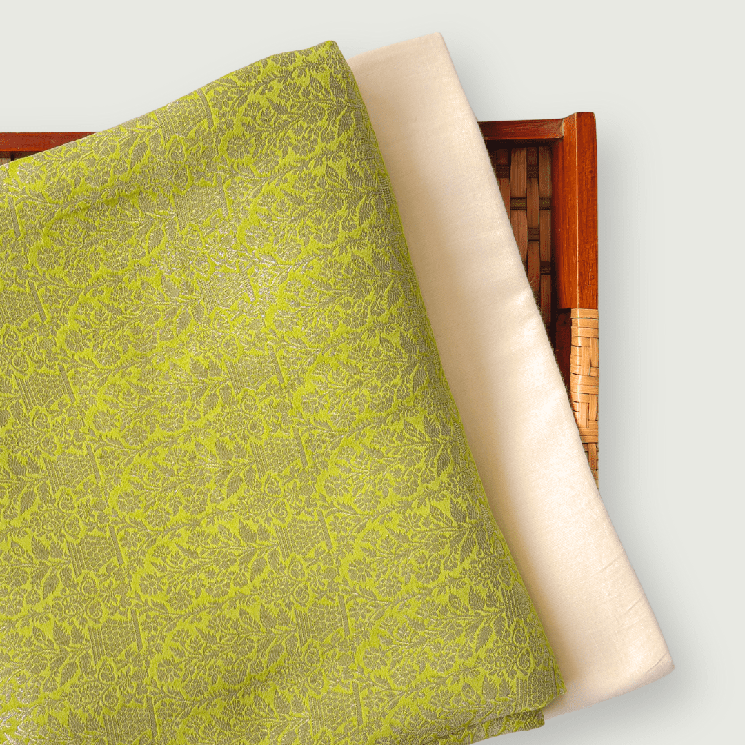 Cloth of Gold Kurta Set Kurta Set Unisex Lime Green Persian Flowers Cloth of Gold | Woven Pure Banarasi Silk Satin Kurta Fabric (3 Meters) | and Cotton Pyjama (2.5 Meters) | Unstitched Combo Set