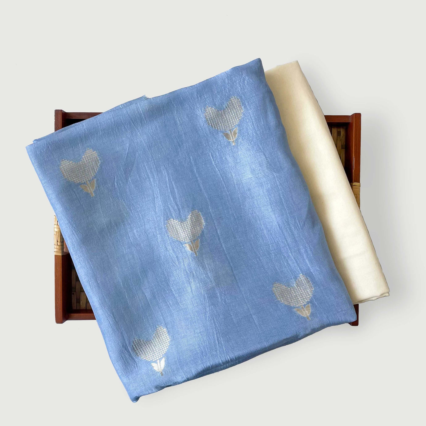 Cloth of Gold Kurta Set Kurta Set Unisex Maya Blue Jamdani Tulip Cloth of Gold | Woven Pure Russian Silk Kurta Fabric (3.2 Meters) | and Cotton Pyjama (2.5 Meters) | Unstitched Combo Set