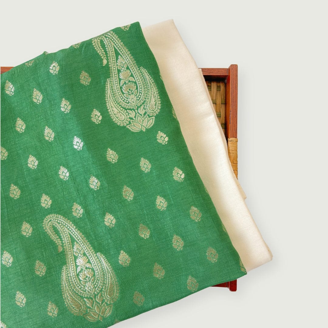 Cloth of Gold Kurta Set Kurta Set Unisex Regal Green Royal Paisley Cloth of Gold | Woven Pure Russian Silk Kurta Fabric (3.2 Meters) | and Cotton Pyjama (2.5 Meters) | Unstitched Combo Set