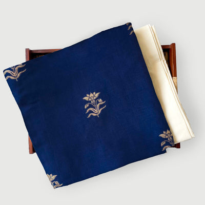 Cloth of Gold Kurta Set Kurta Set Unisex Royal Blue Flower of Taj | Woven Pure Russian Silk Kurta Fabric (3.2 Meters) | and Cotton Pyjama (2.5 Meters) | Unstitched Combo Set
