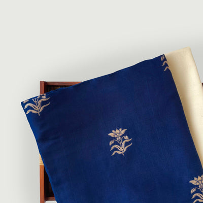 Cloth of Gold Kurta Set Kurta Set Unisex Royal Blue Flower of Taj | Woven Pure Russian Silk Kurta Fabric (3.2 Meters) | and Cotton Pyjama (2.5 Meters) | Unstitched Combo Set