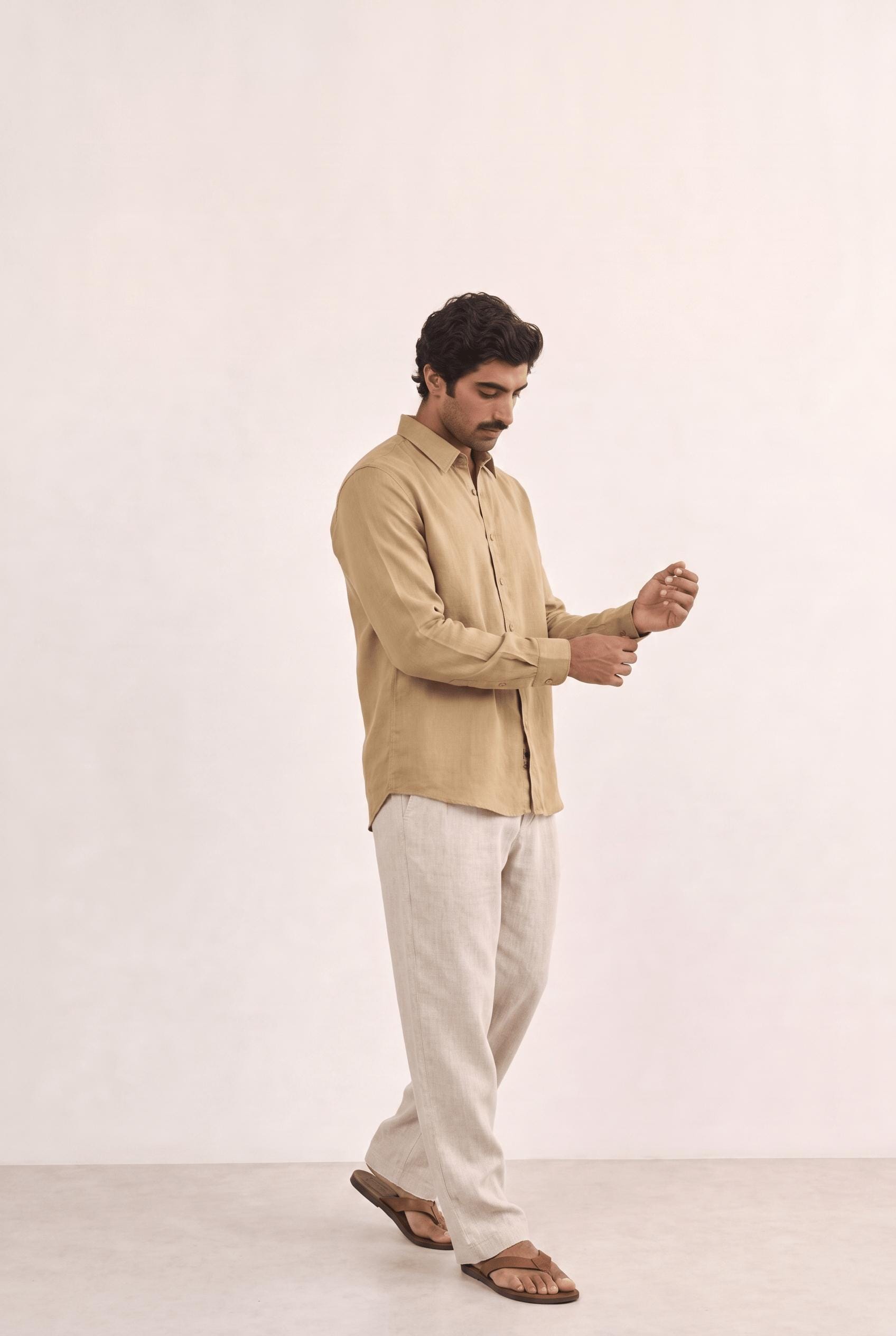 Cotton Linen Shirts Men's Shirt Khaki Pure Cotton Linen Shirt Piece