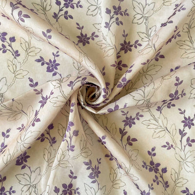 Digital Printed Burberry Silk Fabric Fabric Khaki & Purple Abstract Floral Printed Burberry Silk Fabric (Width 47 Inches)