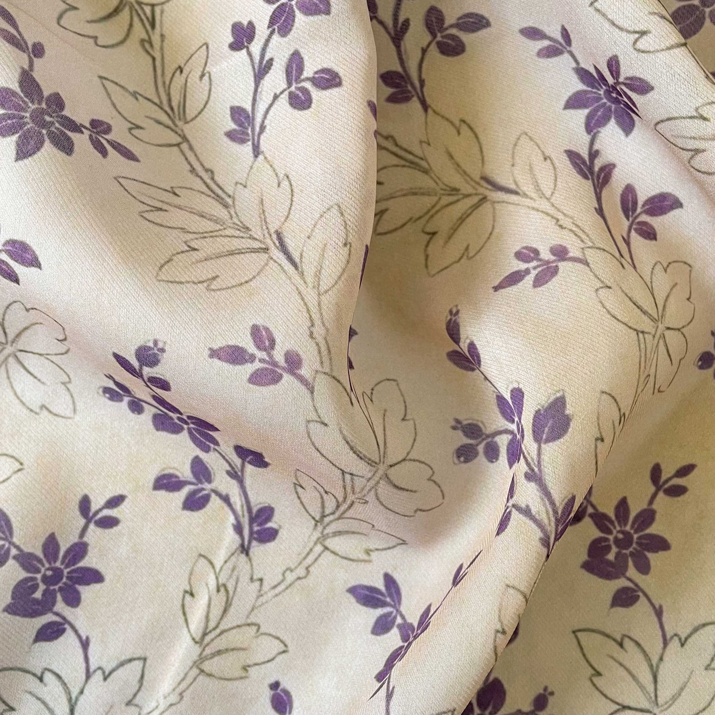 Digital Printed Burberry Silk Fabric Fabric Khaki & Purple Abstract Floral Printed Burberry Silk Fabric (Width 47 Inches)