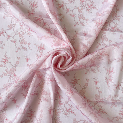 Digital Printed Chinnon Chiffon Fabric Fabric Baby Pink Cherry Blossom Printed Chinnon Chiffon Fabric (Width 44 Inches)