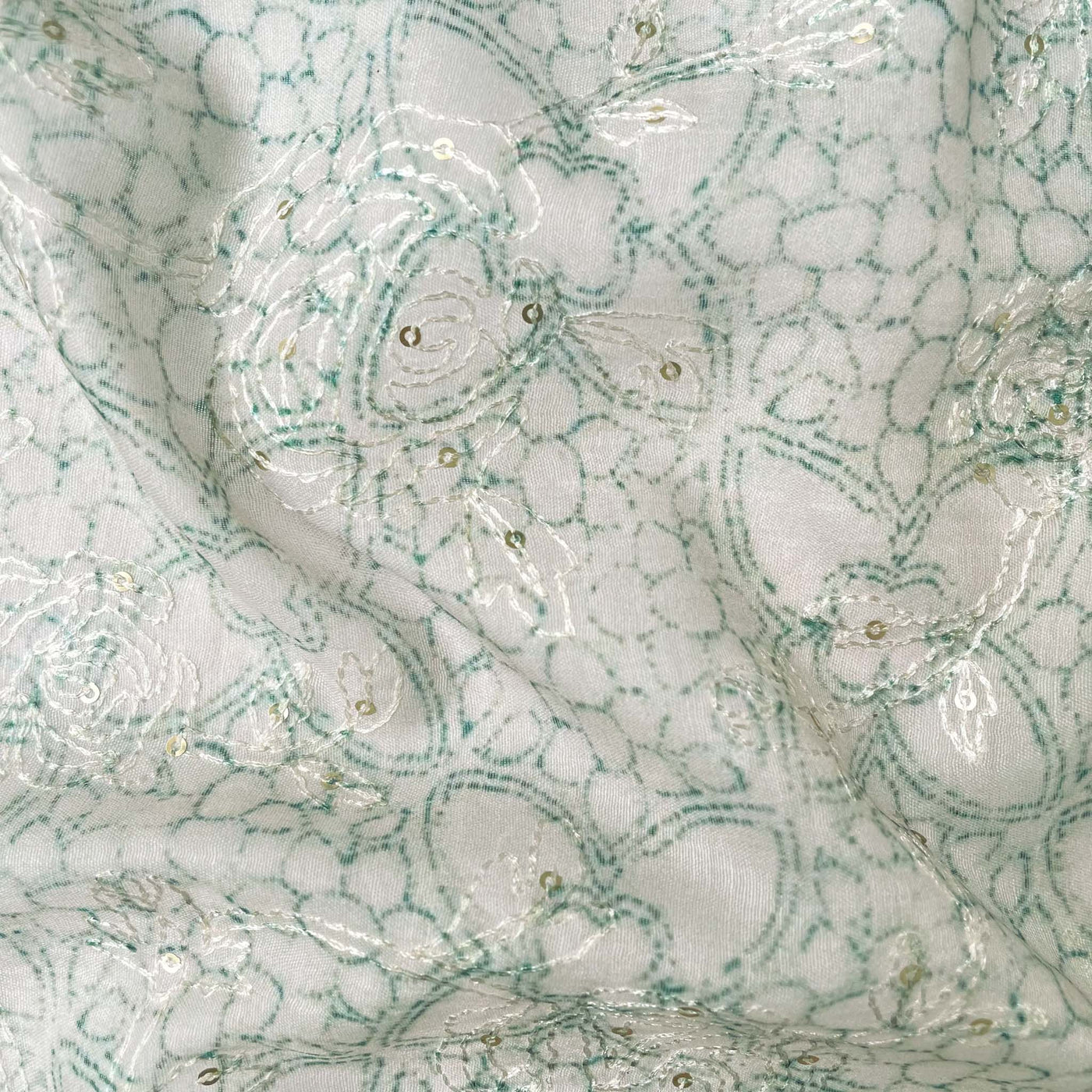Digital Printed Embroidered Cotton Fabric Cut Piece (CUT PIECE) Dusty Ivory Green Abstract Floral Digital Printed Embroidered Cotton Fabric (Width 43 Inches)