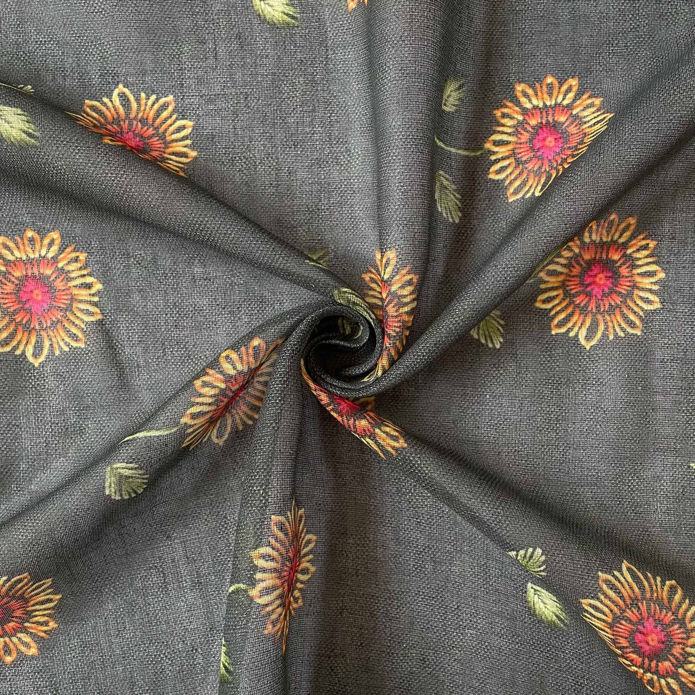 Digital Printed Linen Neps Cut Piece (CUT PIECE) Dark Grey and Orange Giant Sunflowers Digital Printed Linen Neps Fabric (Width 44 Inches)