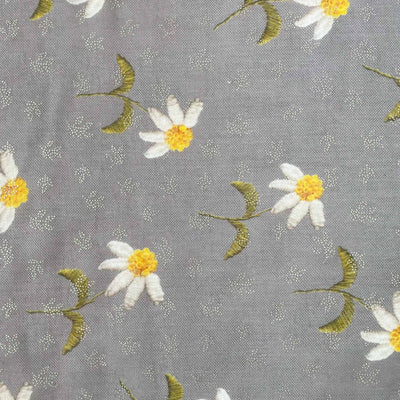 Digital Printed Linen Neps Cut Piece (CUT PIECE) Dark Grey and White Dancing Daisies Digital & Foil Printed Linen Neps Fabric (Width 44 Inches)