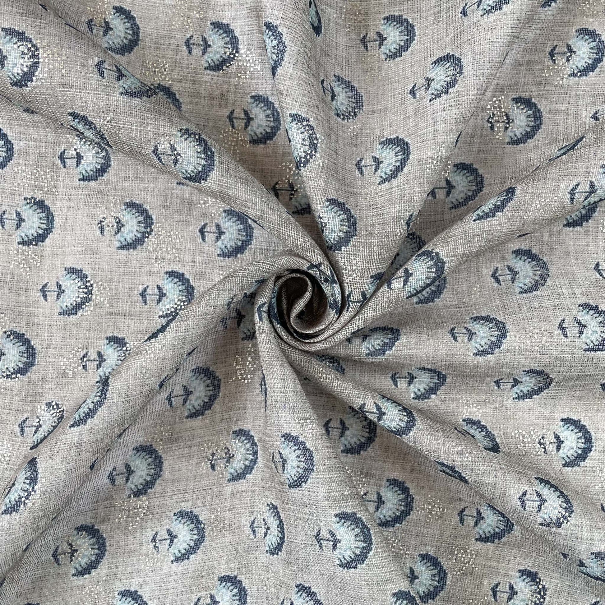 Digital Printed Linen Neps Cut Piece (CUT PIECE) Light Grey and blue Egyptian Floral Digital & Foil Printed Linen Neps Fabric (Width 44 Inches)