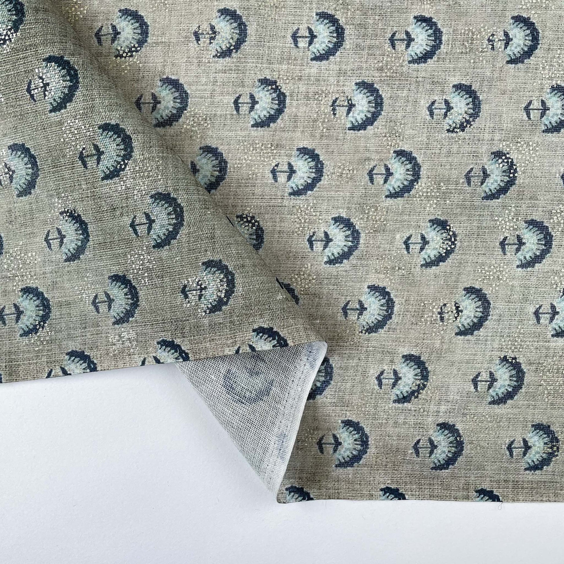 Digital Printed Linen Neps Cut Piece (CUT PIECE) Light Grey and blue Egyptian Floral Digital & Foil Printed Linen Neps Fabric (Width 44 Inches)