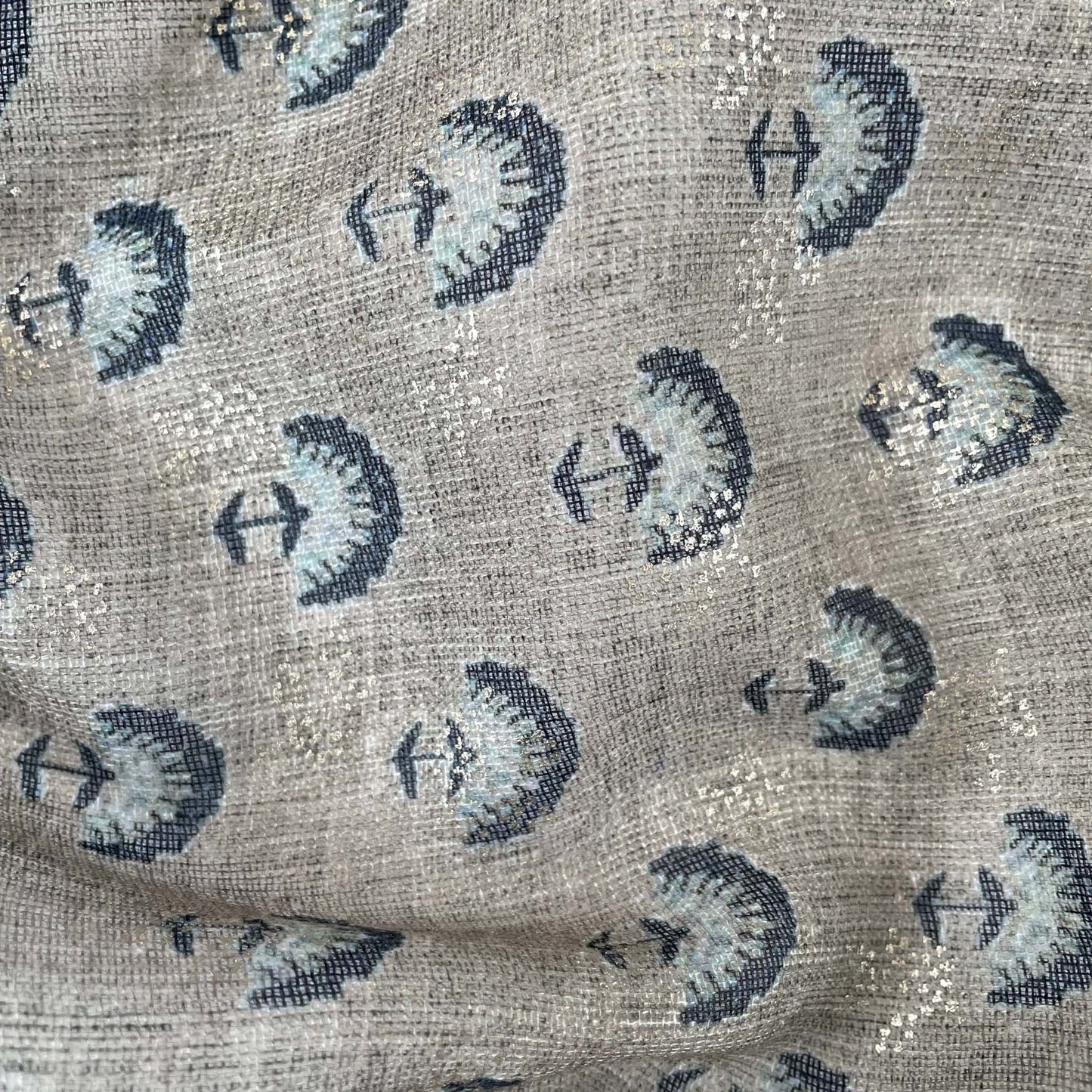 Digital Printed Linen Neps Cut Piece (CUT PIECE) Light Grey and blue Egyptian Floral Digital & Foil Printed Linen Neps Fabric (Width 44 Inches)