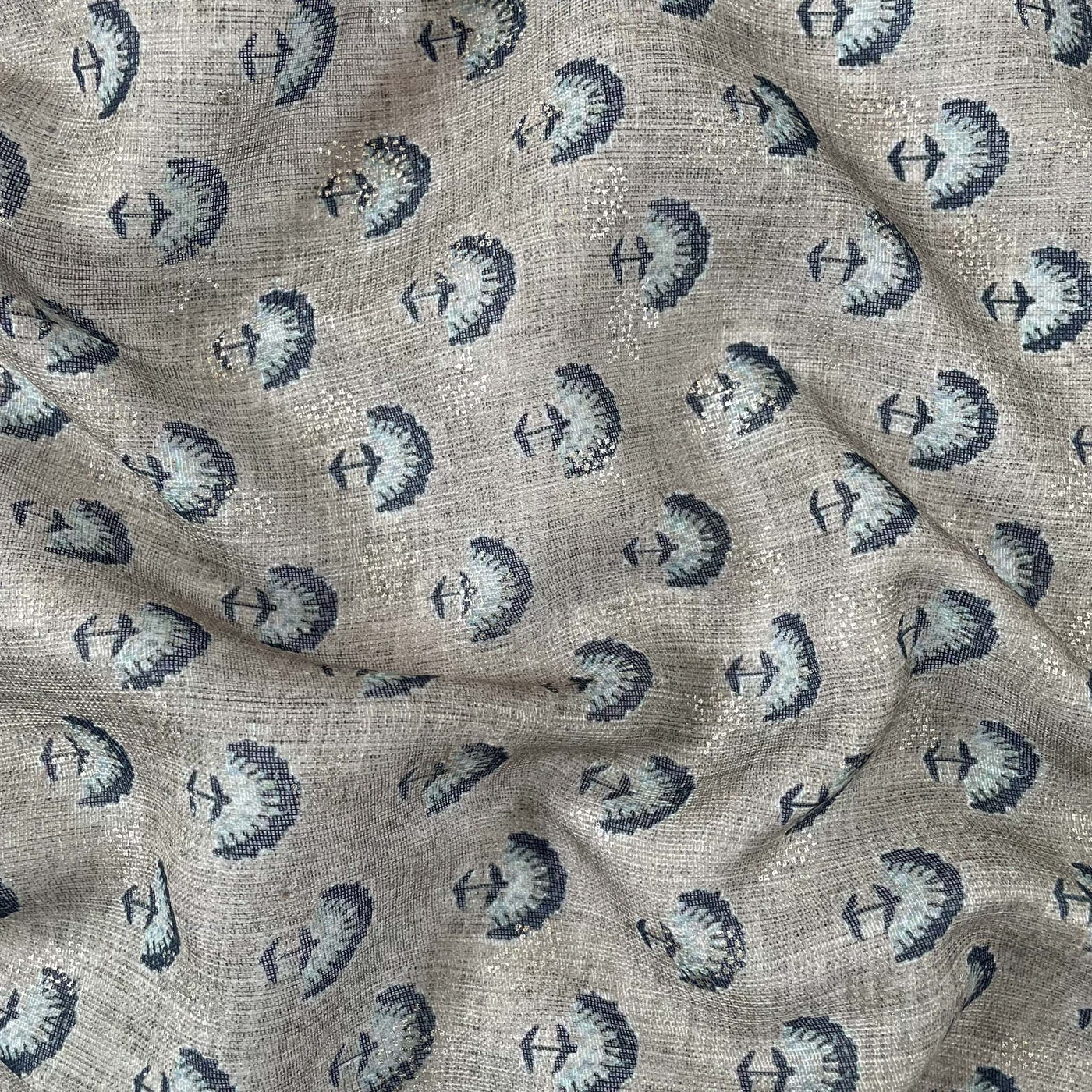 Digital Printed Linen Neps Cut Piece (CUT PIECE) Light Grey and blue Egyptian Floral Digital & Foil Printed Linen Neps Fabric (Width 44 Inches)