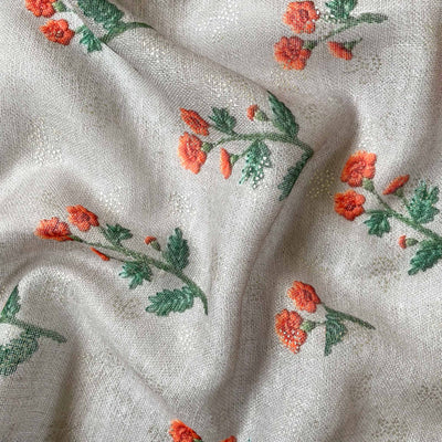 Digital Printed Linen Neps Cut Piece (CUT PIECE) Light Grey and Orange Blooming Gypsies Digital & Foil Printed Linen Neps Fabric (Width 44 Inches)