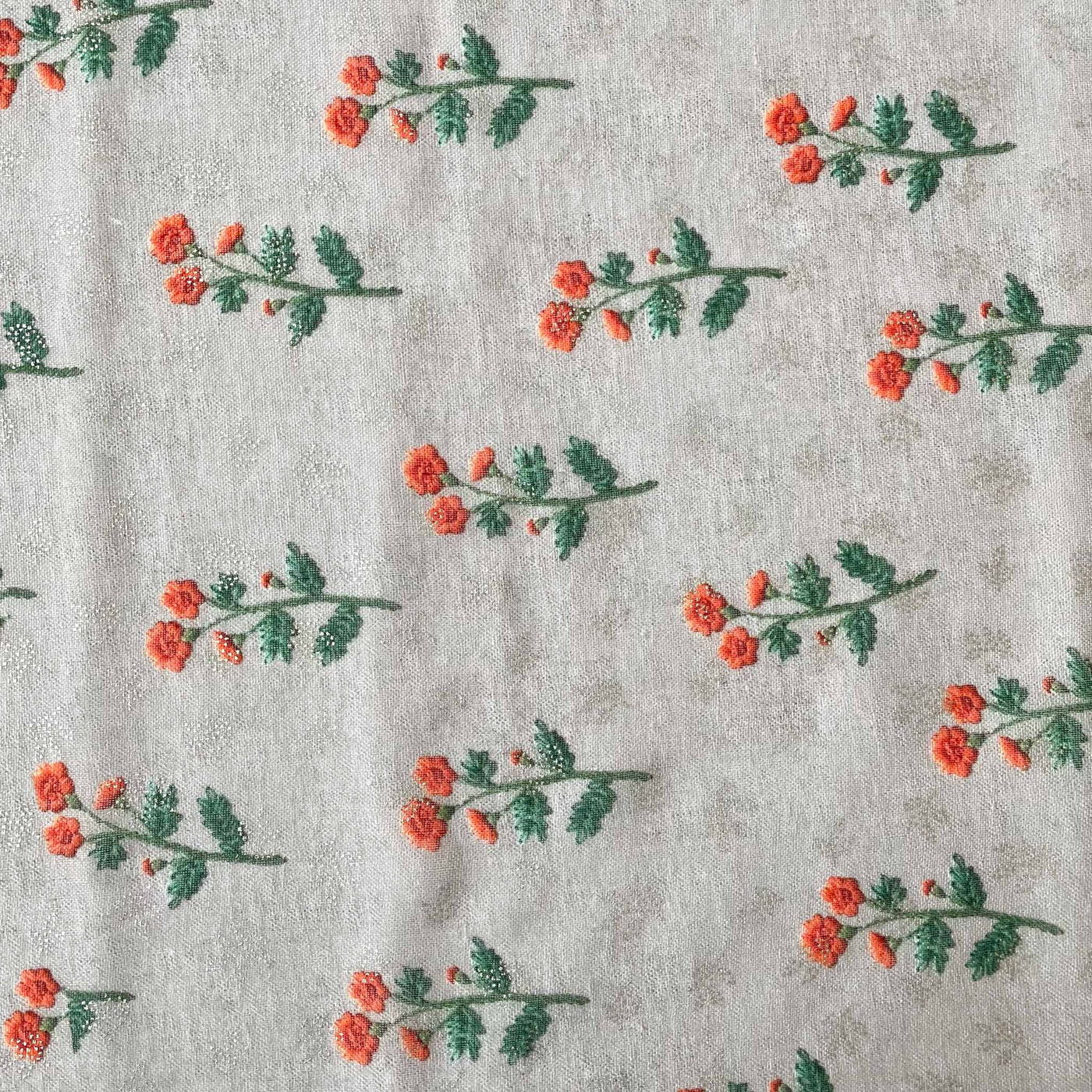 Digital Printed Linen Neps Cut Piece (CUT PIECE) Light Grey and Orange Blooming Gypsies Digital & Foil Printed Linen Neps Fabric (Width 44 Inches)