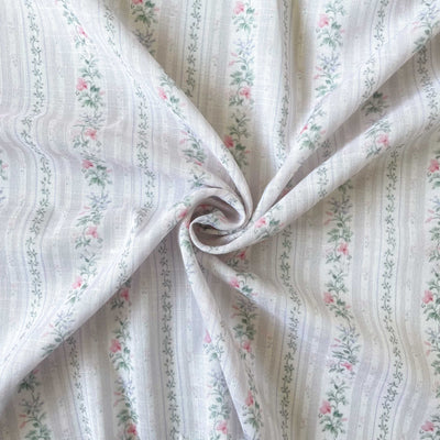 Digital Printed Linen Slubs Fabric Fabric Baby Pink & Green Floral Stripes Printed Linen Slub Fabric (Width 42 Inches)