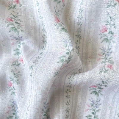 Digital Printed Linen Slubs Fabric Fabric Baby Pink & Green Floral Stripes Printed Linen Slub Fabric (Width 42 Inches)
