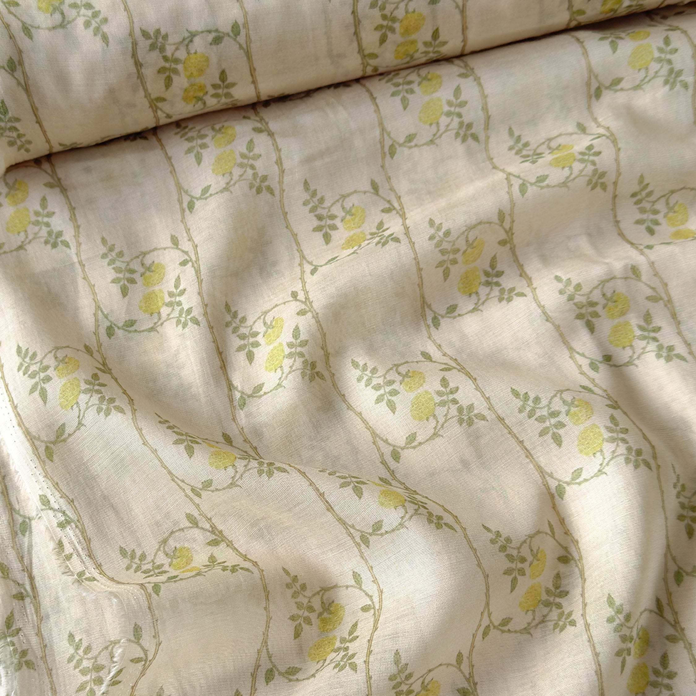 Digital Printed Mul Chanderi Fabric Fabric Beige & Green Mul Chanderi Fabric