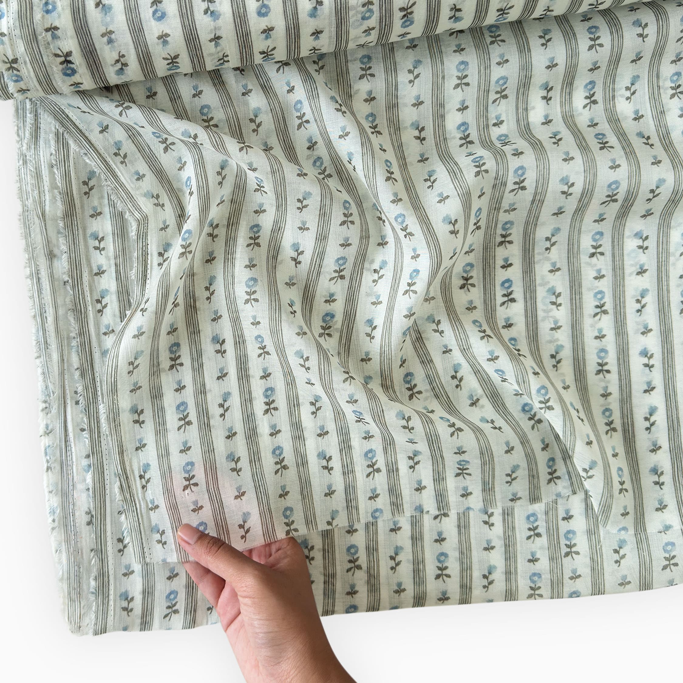 Digital Printed Mul Chanderi Fabric Fabric Natural White & Light Blue Mul Chanderi Fabric