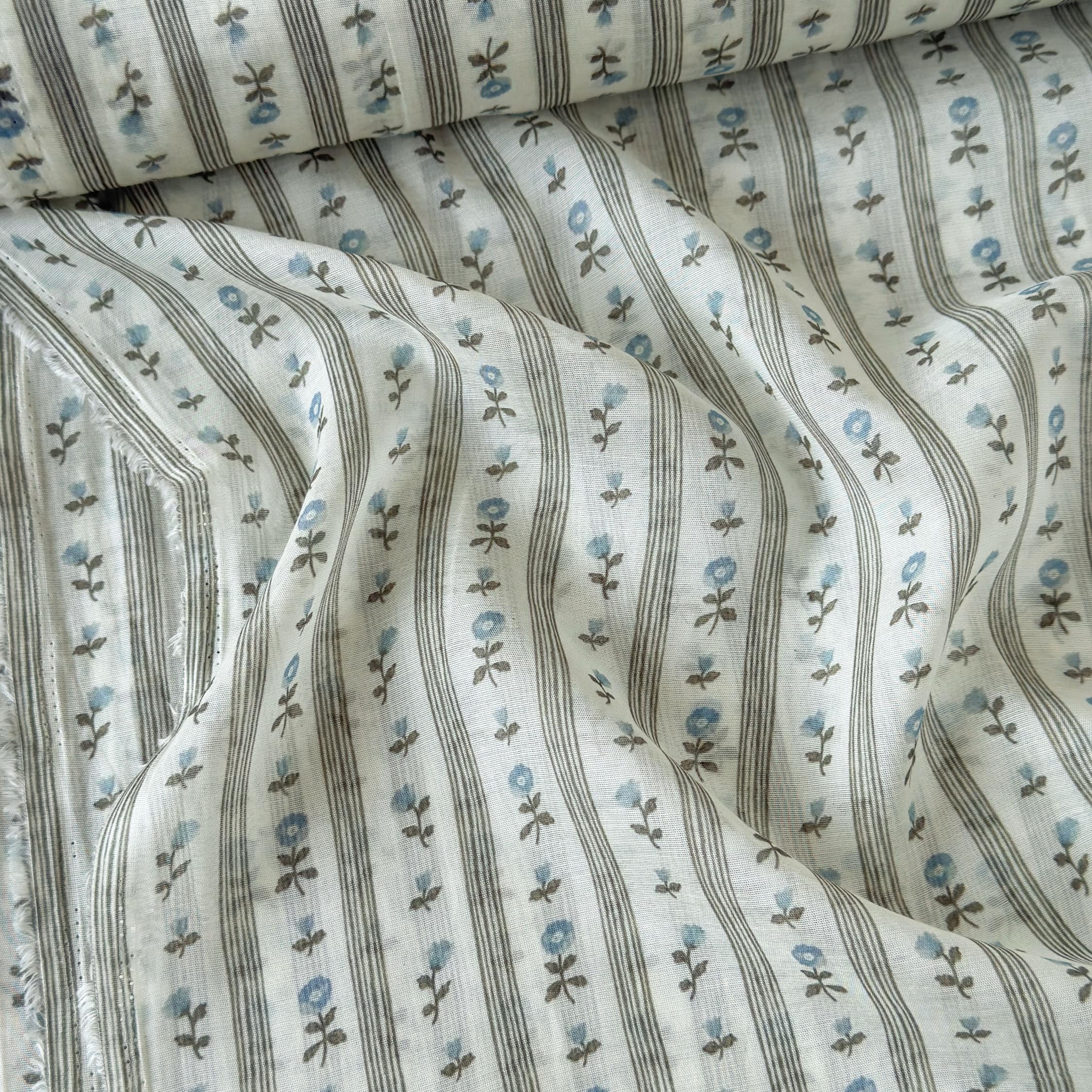 Digital Printed Mul Chanderi Fabric Fabric Natural White & Light Blue Mul Chanderi Fabric