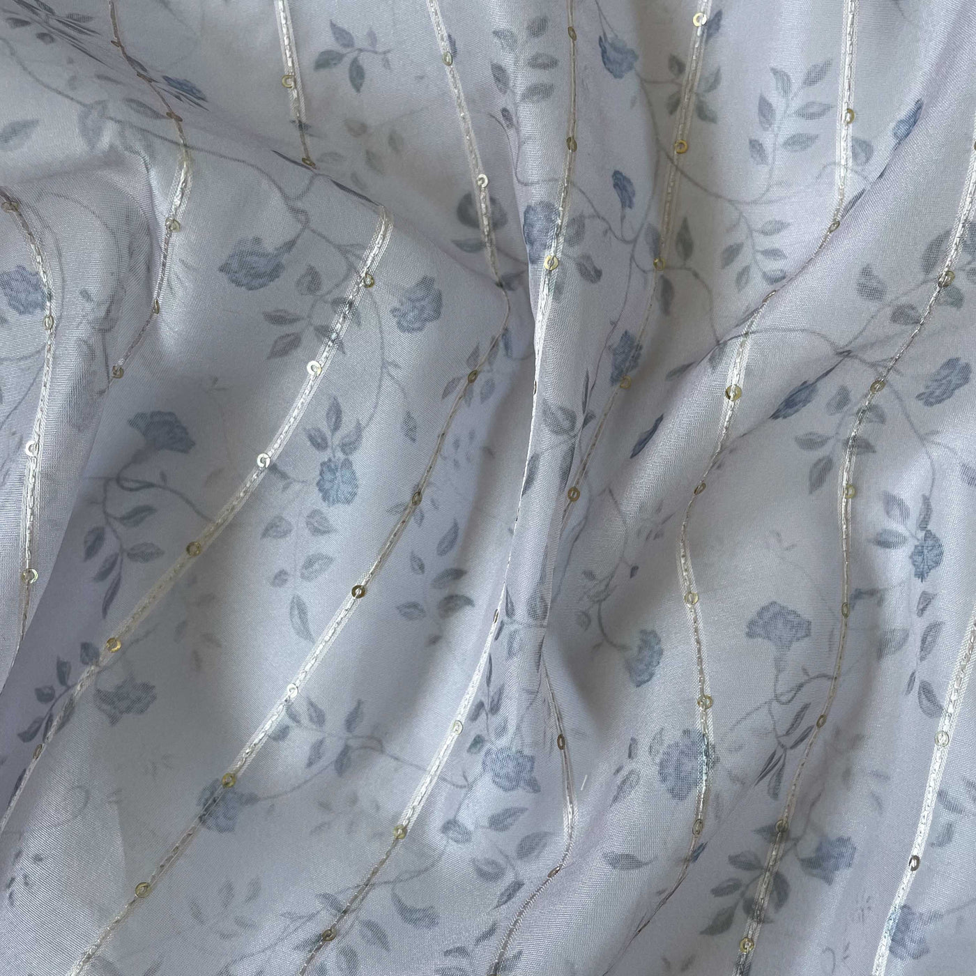 Digital Printed Organza Fabric Fabric Blue & Grey Floral Garden Embroidered Stripes Printed Organza Fabric (Width 60 Inches)