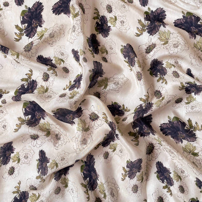 Digital Printed Pure Crepe Fabric Cut Piece (CUT PIECE) Beige & Violet Dhalia Garden Digital Printed Pure Crepe Fabric (Width 43 Inches)