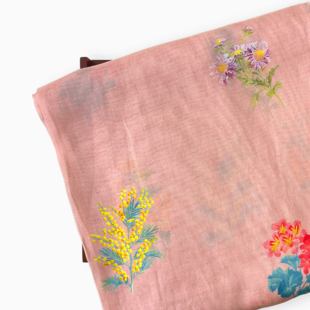 Digital Printed Suit Set Unstitched Suit Blush Peach Everyday Botanicals Floral Printed | Pure Mul Chanderi Fabric (2.5 Meters) | and Cotton Pyjama (2.5 Meters) | Unstitched Combo Set