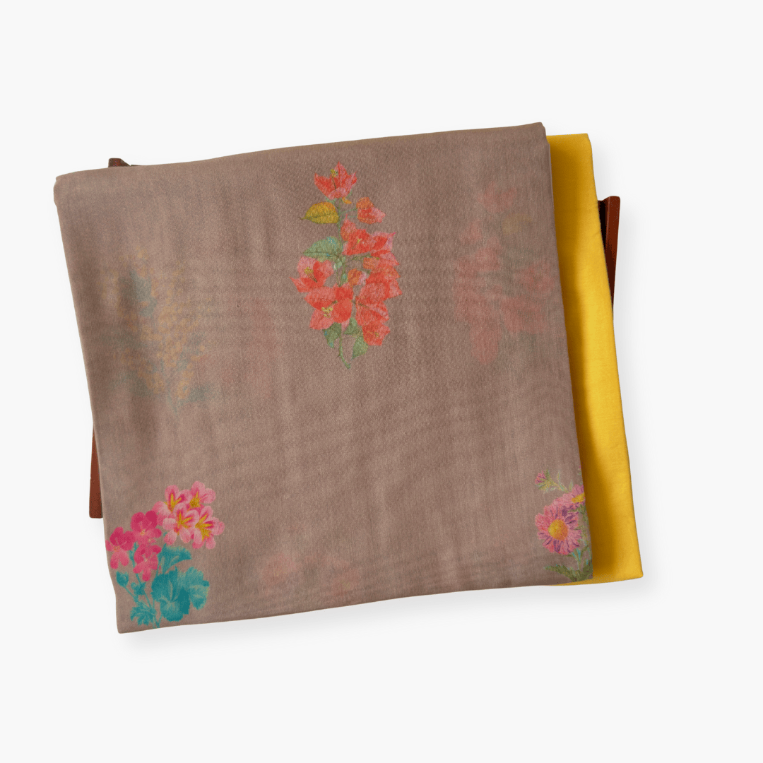 Digital Printed Suit Set Unstitched Suit Brown & Yellow Floral Printed | Pure Mul Chanderi Fabric (2.5 Meters) | and Cotton Pyjama (2.5 Meters) | Unstitched Combo Set