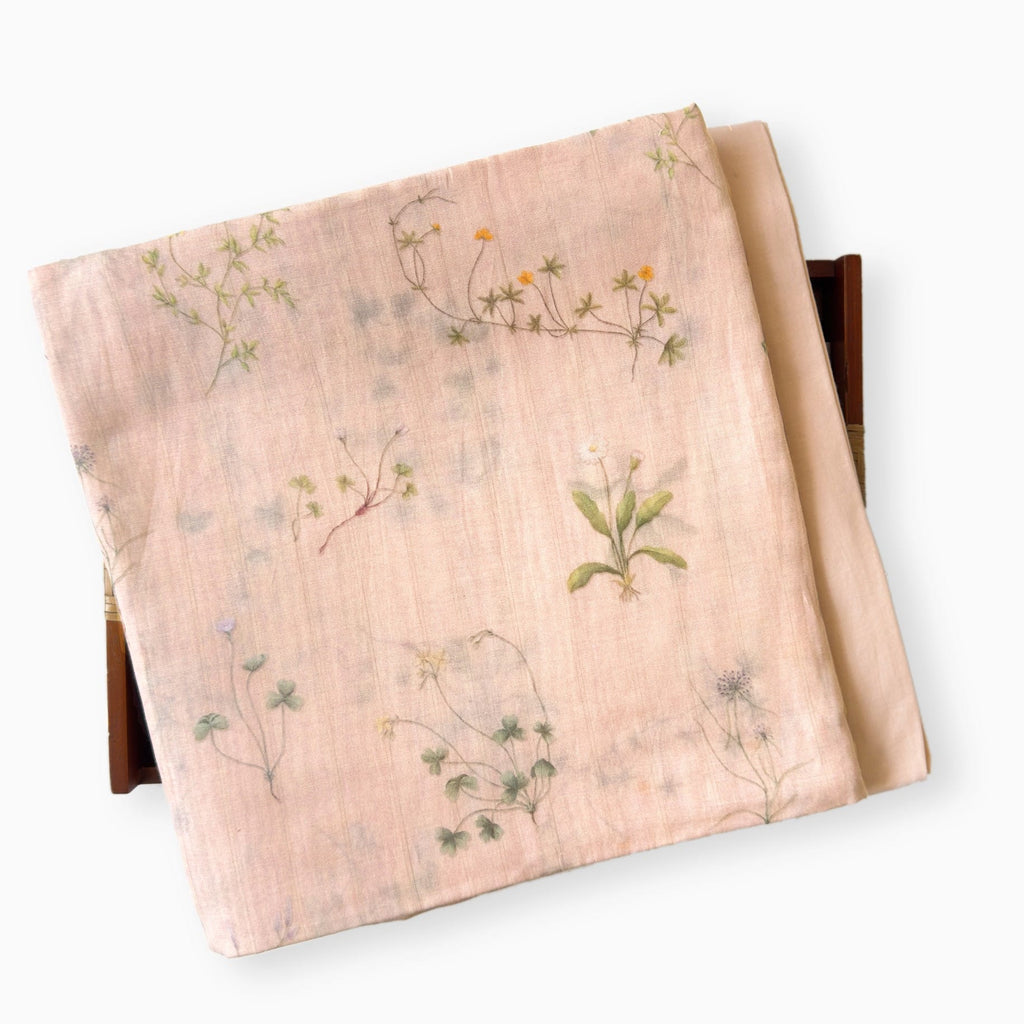 Digital Printed Suit Set Unstitched Suit Pastel Peach Everyday Botanicals Floral Printed | Pure Mul Chanderi Fabric (2.5 Meters) | and Cotton Pyjama (2.5 Meters) | Unstitched Combo Set