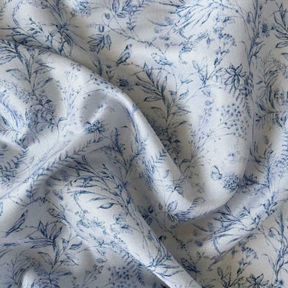 Digital Printed Tussar Satin Fabric Fabric Blue & Grey Victorian Floral Garden Printed Tussar Satin Fabric (Width 44 Inches)