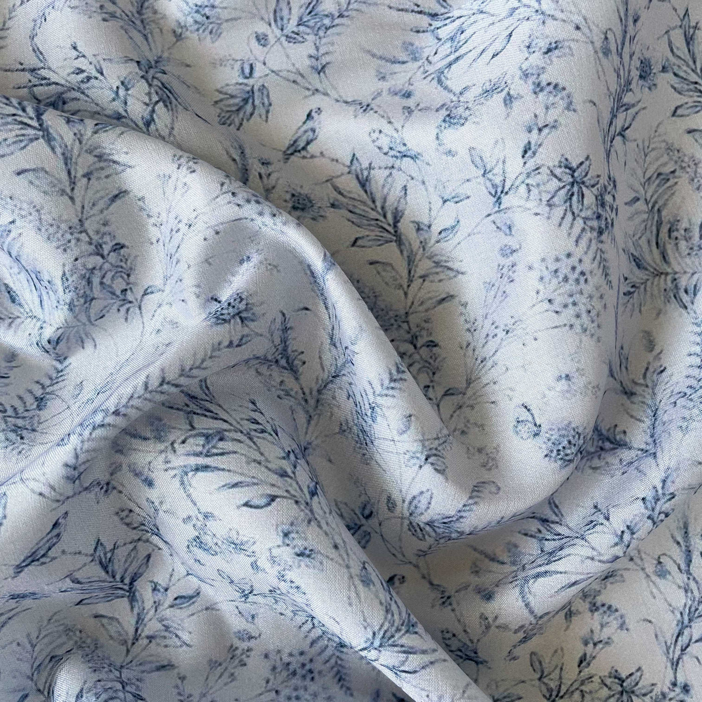 Digital Printed Tussar Satin Fabric Fabric Blue & Grey Victorian Floral Garden Printed Tussar Satin Fabric (Width 44 Inches)