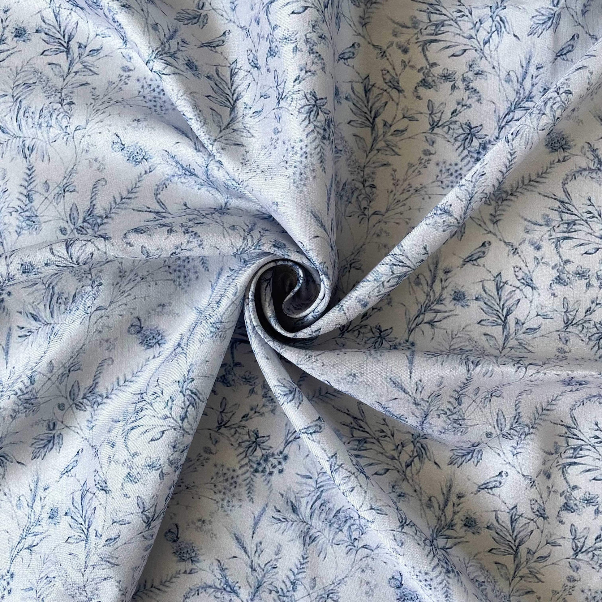 Digital Printed Tussar Satin Fabric Fabric Blue & Grey Victorian Floral Garden Printed Tussar Satin Fabric (Width 44 Inches)