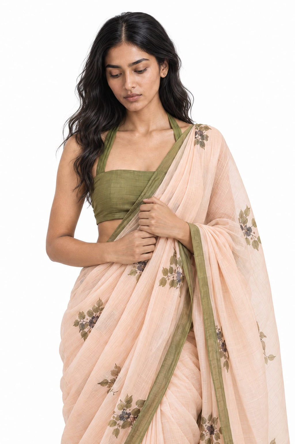 Drapes of Mul Saree Saree Dusty Olive Mul Chanderi Saree
