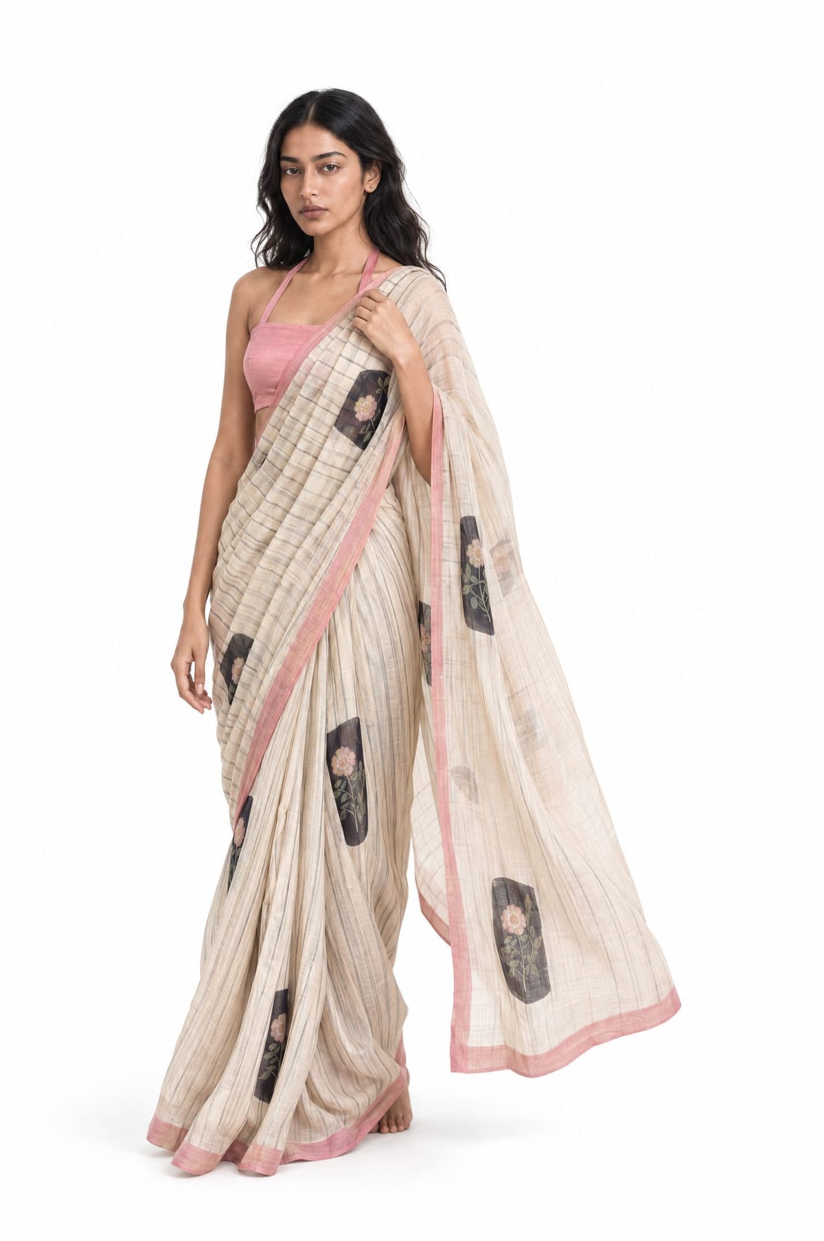 Drapes of Mul Saree Saree Dusty Pink & Black Mul Chanderi Saree