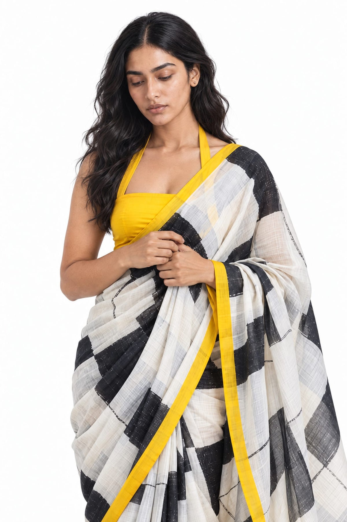 Drapes of Mul Saree Saree Ivory & Black Mul Chanderi Saree
