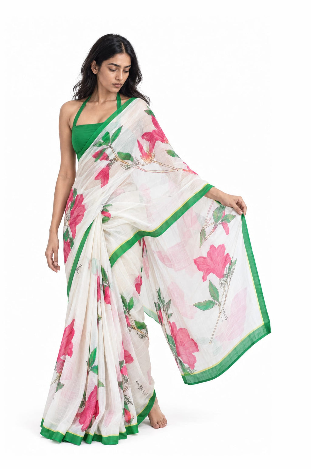 Drapes of Mul Saree Saree Off-White & Green Mul Chanderi Saree