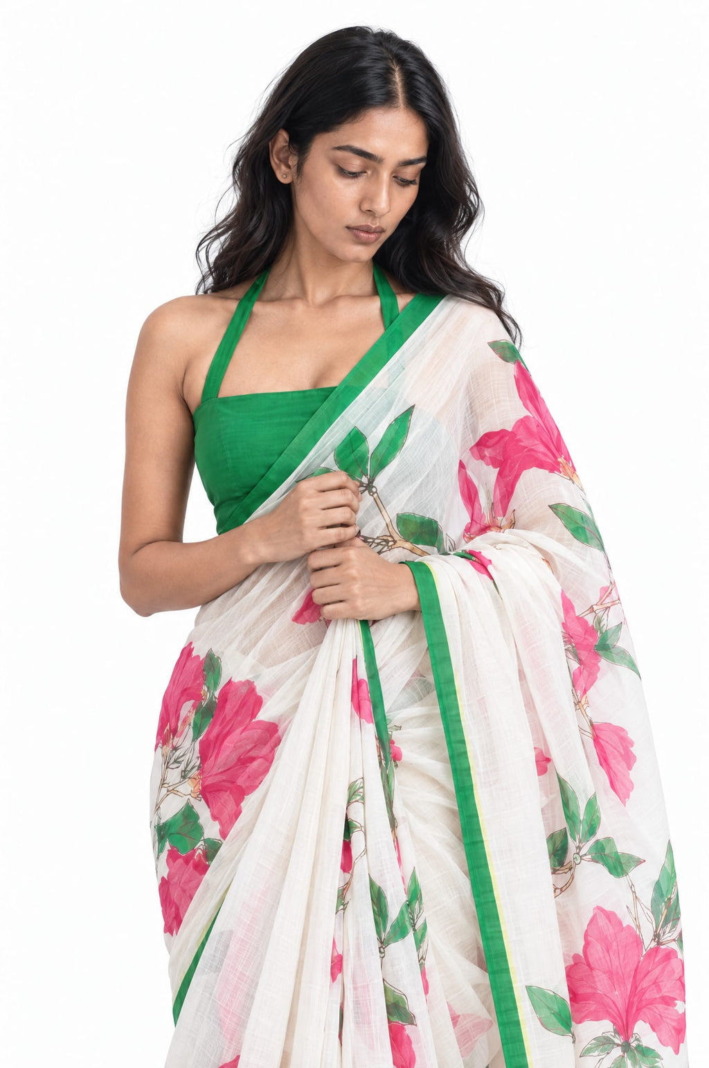 Drapes of Mul Saree Saree Off-White & Green Mul Chanderi Saree