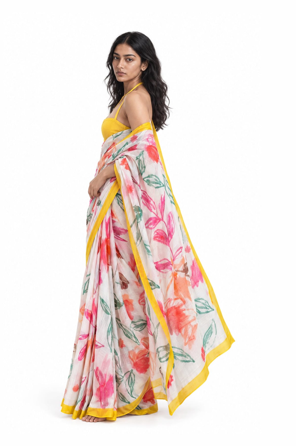 Drapes of Mul Saree Saree Off-White & Yellow Mul Chanderi Saree