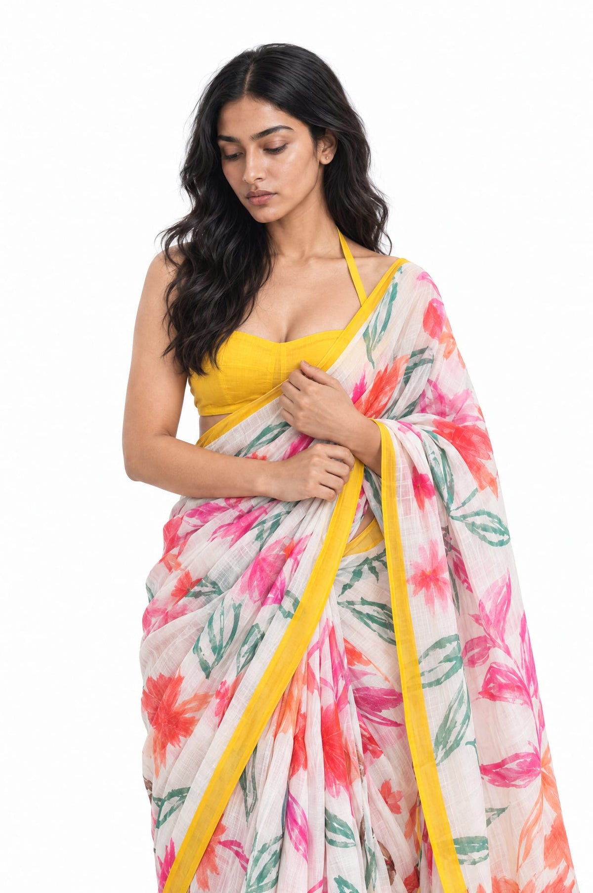 Drapes of Mul Saree Saree Off-White & Yellow Mul Chanderi Saree