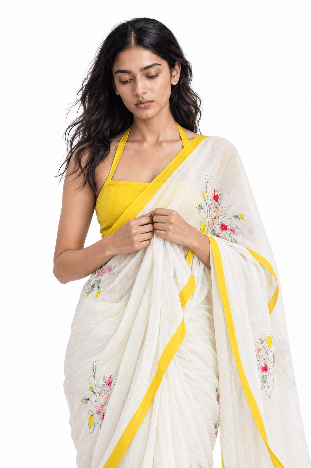 Drapes of Mul Saree Saree Off-White & Yellow Mul Chanderi Saree
