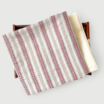 Dubby Cotton Kurta Set Kurta Set Unisex Off-White & Red Abstract Kantha Stripes | Woven Pure Cotton Kurta Fabric (3 Meters) | and Cotton Pyjama (2.5 Meters) | Unstitched Combo Set